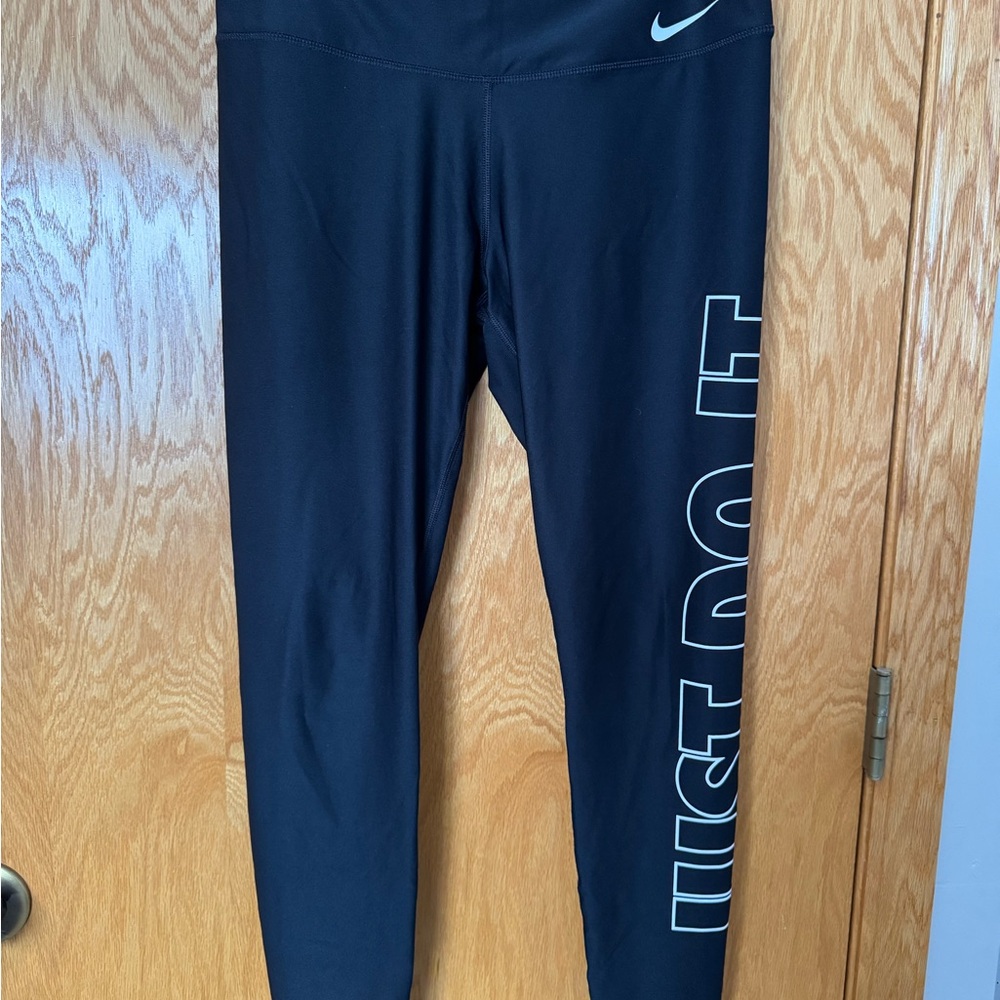 Nike Black Leggings with White Swoosh and Side 'Just Do It' Graphic